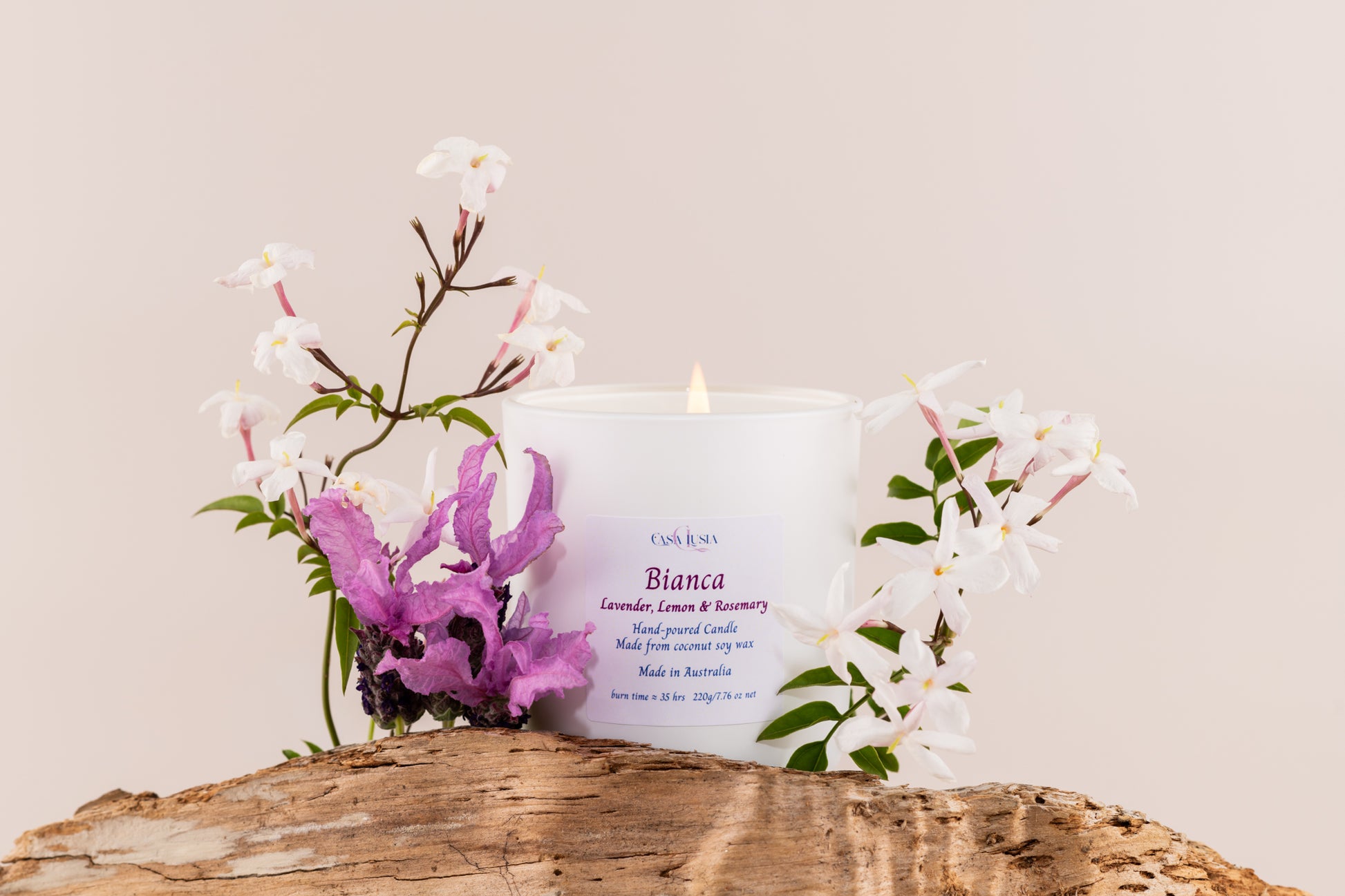 Bianca handmade coco soy candles, in Lavender Lemon and Rosemary, lavender fragrance, lemon fragrance, rosemary fragrance, hand poured, handpoured, handmade, small batches, made in small batches, made in Australia, single candle shot