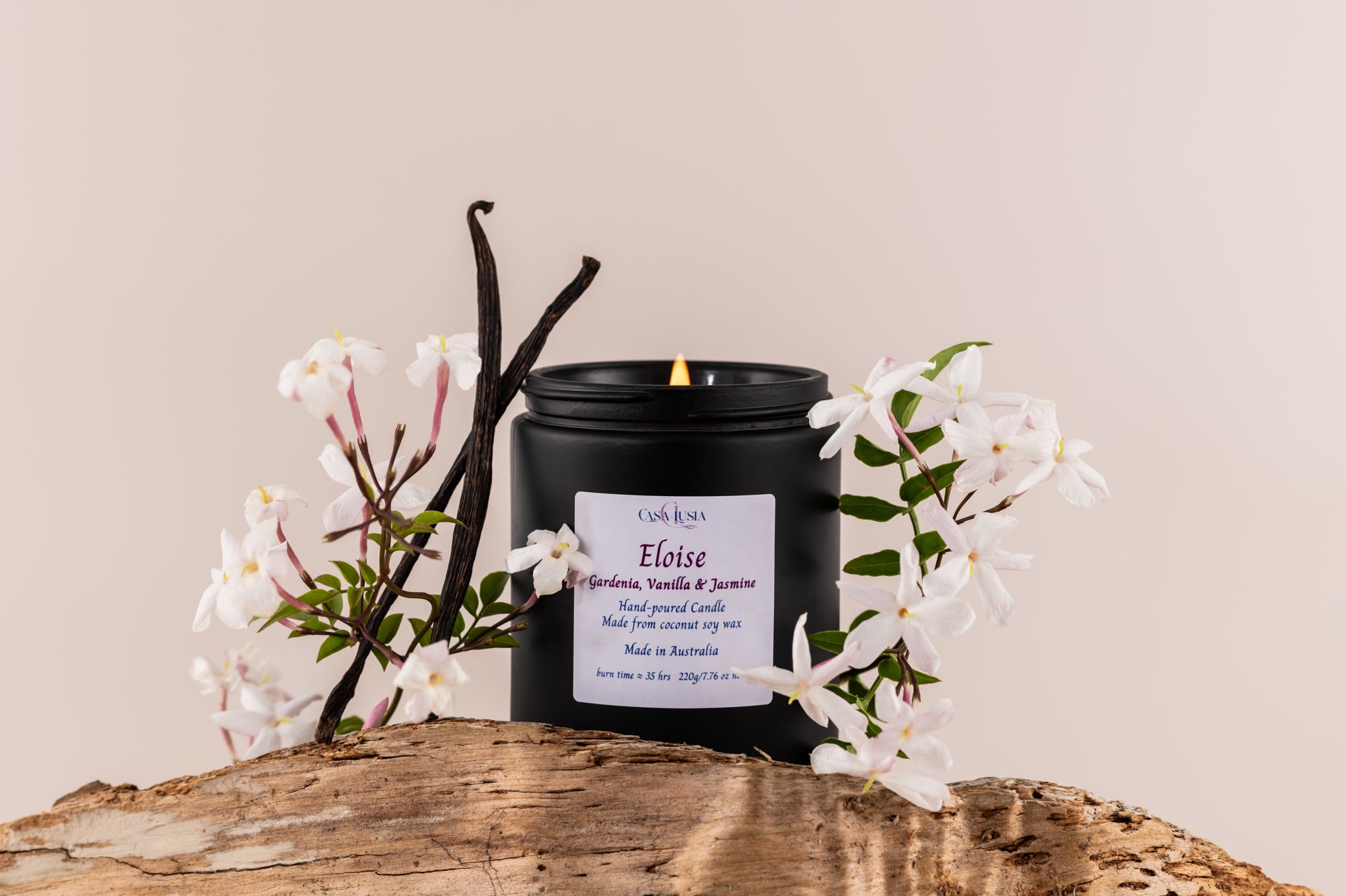 Eloise Handmade Scented Cocosoy Candles, in Gardenia Vanilla and Jasmine, gardenia fragrance, vanilla fragrance, jasmine fragrance, hand poured, handpoured, handmade, small batches, made in small batches, made in Australia, single candle shot