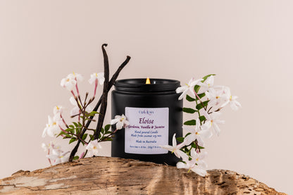 Eloise Handmade Scented Cocosoy Candles, in Gardenia Vanilla and Jasmine, gardenia fragrance, vanilla fragrance, jasmine fragrance, hand poured, handpoured, handmade, small batches, made in small batches, made in Australia, single candle shot