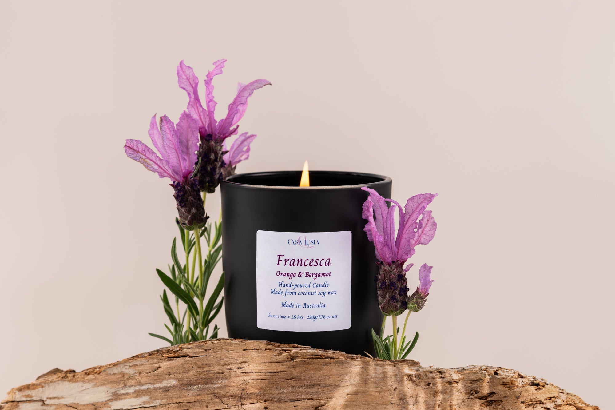 Francesca Handmade Scented Cocosoy Candles, in Orange and Bergamot, orange fragrance, bergamot fragrance, hand poured, handpoured, handmade, small batches, made in small batches, made in Australia, single candle shot