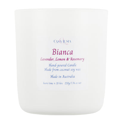 Bianca handmade cocosoy candles, in Lavender Lemon and Rosemary, lavender fragrance, lemon fragrance, rosemary fragrance, candle in detail